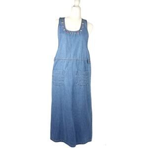 VINTAGE Embroidered Denim Maxi Length Jumper Dress  M